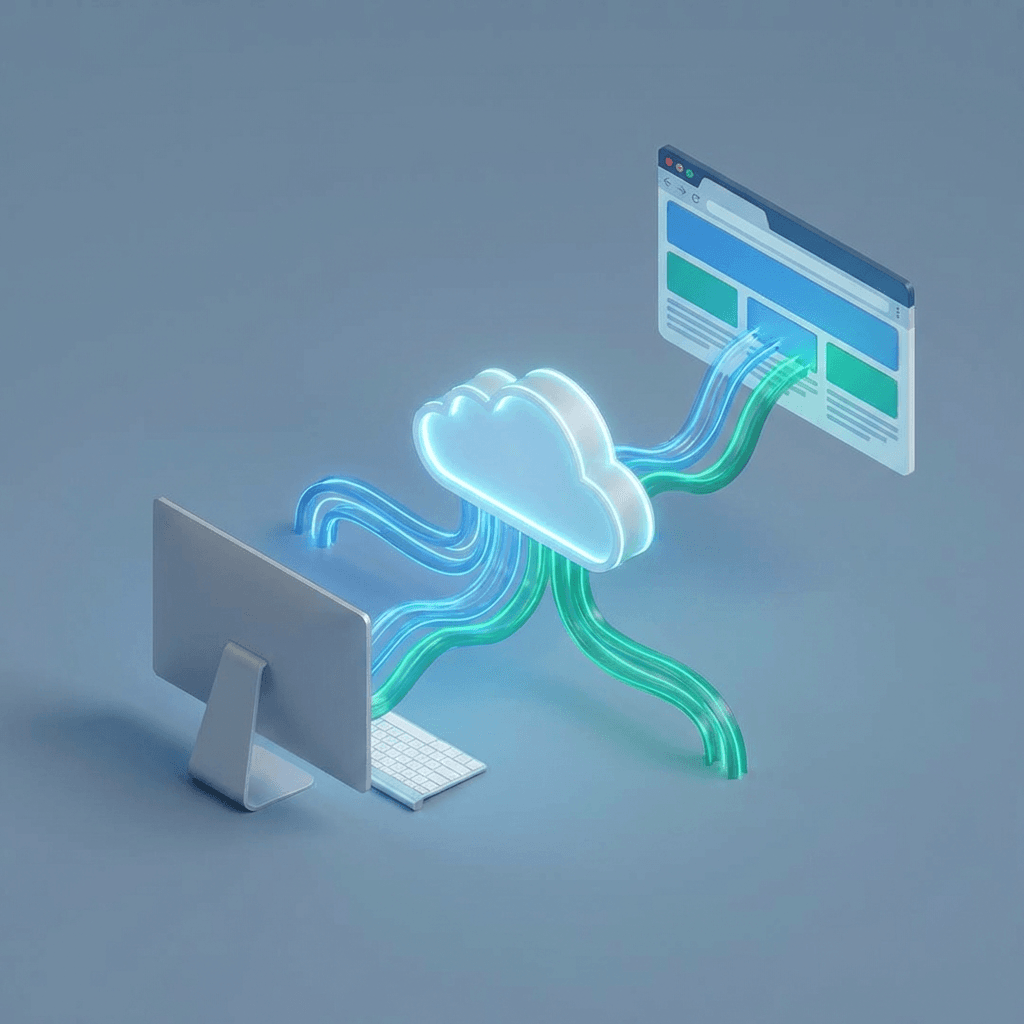 Abstrakta 3D ilustrācija uz zila fona, kurā parādīts zils desktop dators kreisajā pusē, kas savienots ar spīdošiem neonziliem un zaļiem kabeļiem ar spīdošu neonmākoņa ikonu centrā, un tālāk kabeļi savieno mākoni ar web pārlūkprogrammas logu labajā pusē.