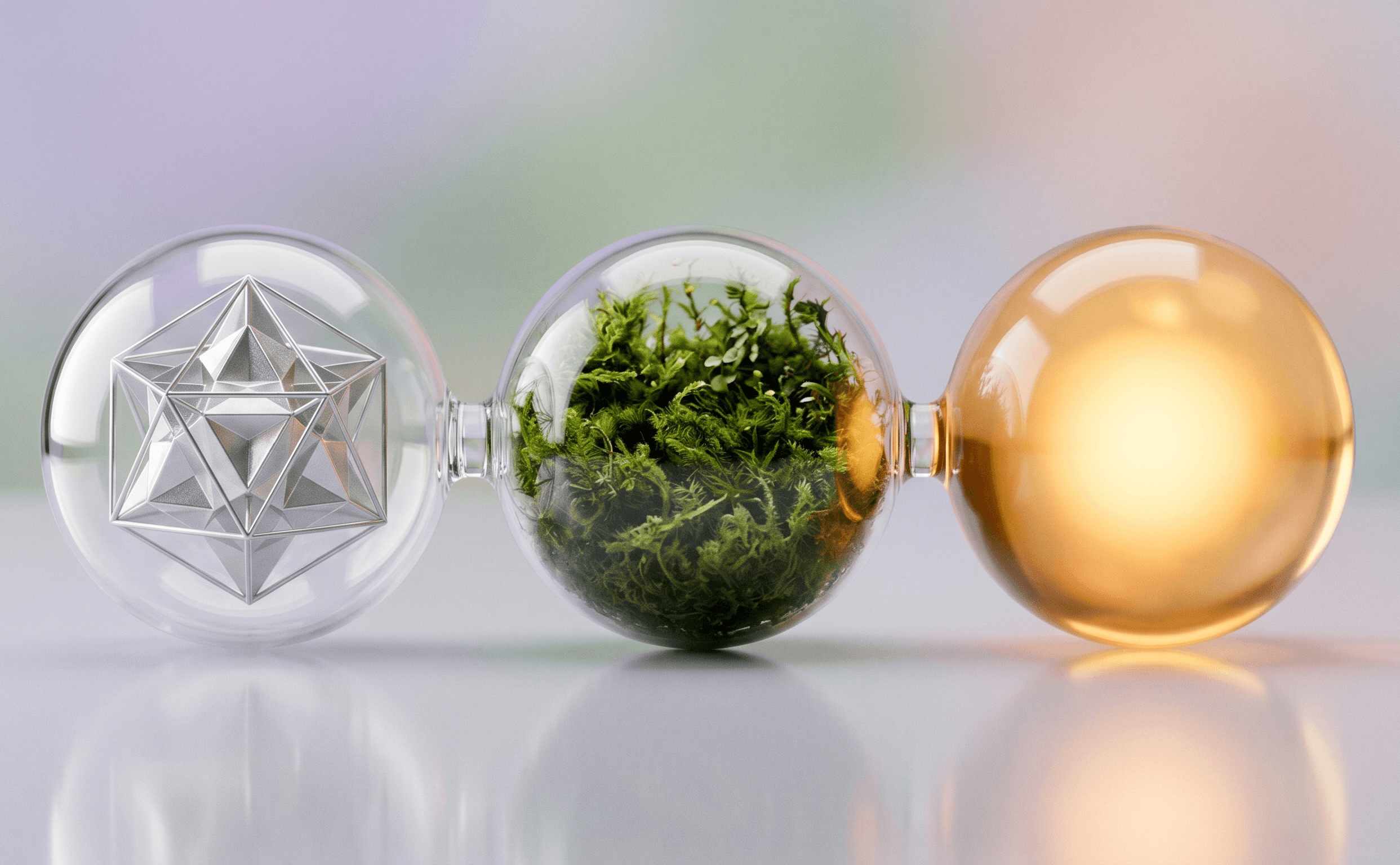 Trīs savienotas stikla lodes, kas simbolizē ESG: zaļas sūnas (vide), silta gaisma (sabiedrība) un sudraba ģeometriska struktūra (pārvaldība).