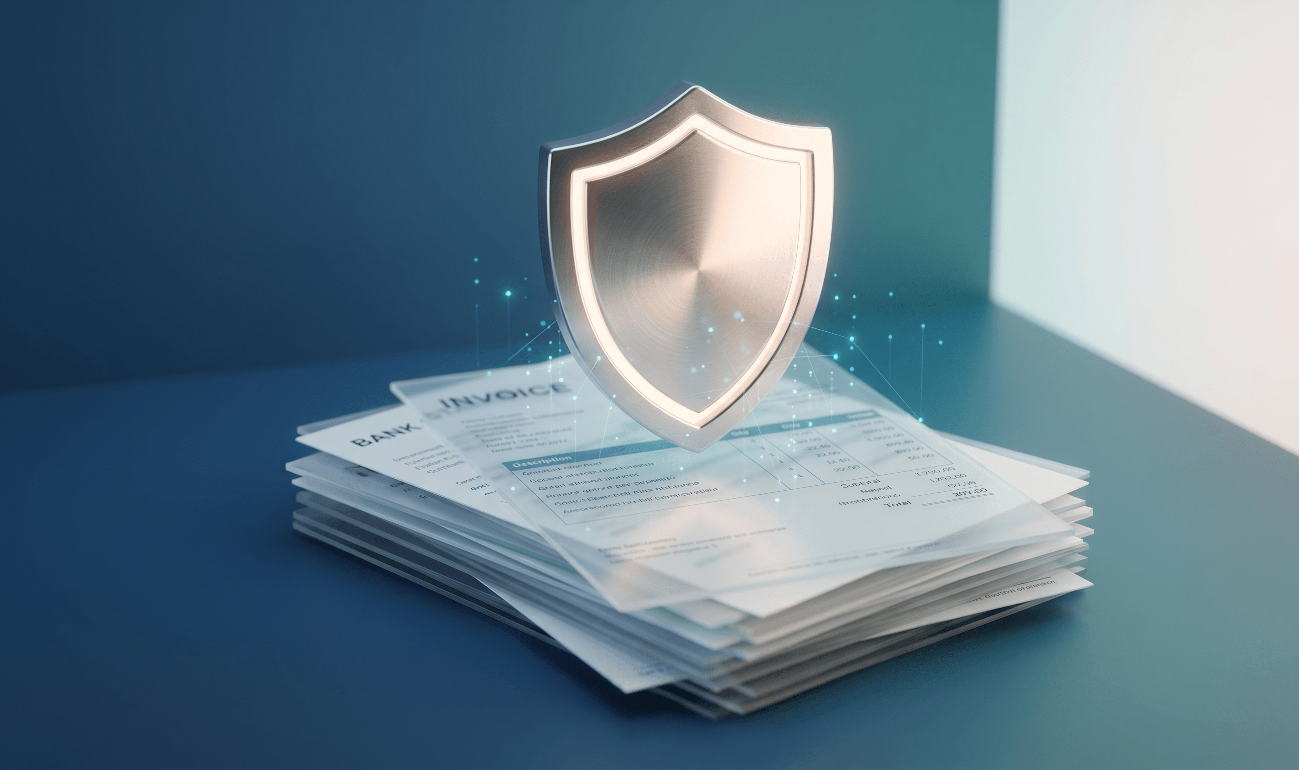 Abstrakta 3D ilustrācija, kurā redzams spīdīgs metāla vairogs, kas aizsargājoši stāv virs digitālu rēķinu un bankas izrakstu kaudzes. No dokumentiem uz vairogu stiepjas spīdoši neonzili datu punkti un līnijas uz tumši zila fona.