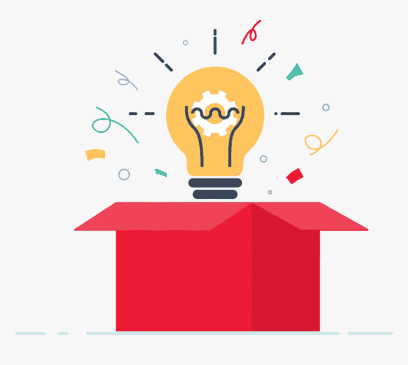 Krāsaina ilustrācija: no atvērtas sarkanas kastes izlec degoša spuldzīte ar zobrata simbolu vidū, ko papildina svētku konfeti.