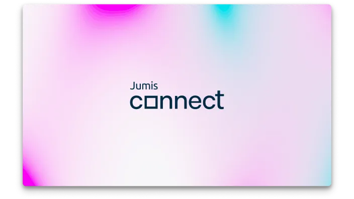 Jumis Connect logo uz uz rozā, zila un balta fona
