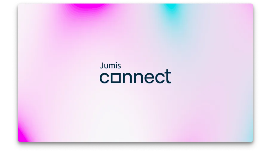 Jumis Connect logo uz uz rozā, zila un balta fona