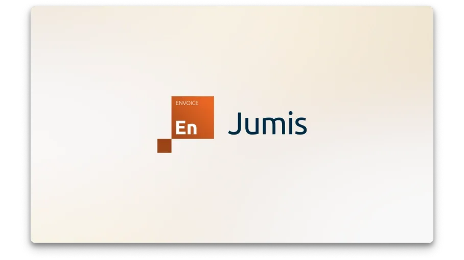 Jumis Envoice produkta logo uz uz balti dzeltena fona