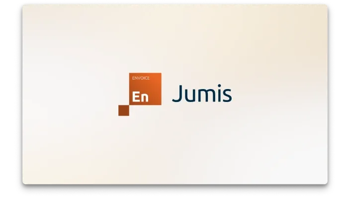 Jumis Envoice produkta logo uz uz balti dzeltena fona