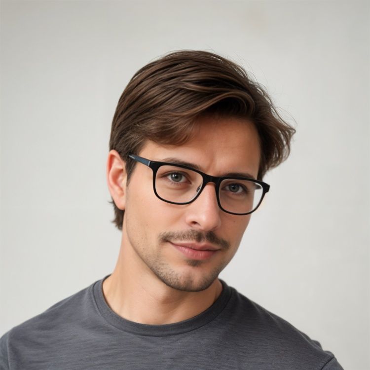 Jauna vīrieša portrets ar brillēm un nelielu bārdu uz gaiša fona.