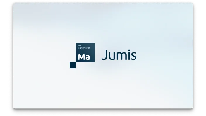 Jumis My Assistant produkta logo uz uz balti zila fona