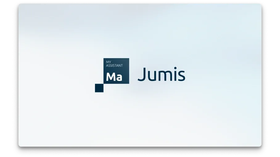 Jumis My Assistant produkta logo uz uz balti zila fona