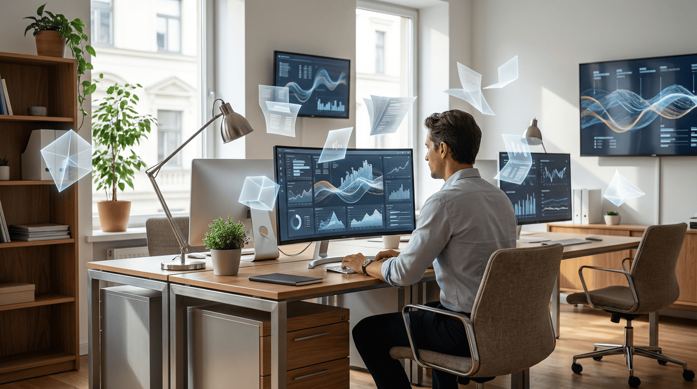 Vīrietis birojā strādā pie datora ar datu grafikiem, kam apkārt levitē digitālu dokumentu simboli.