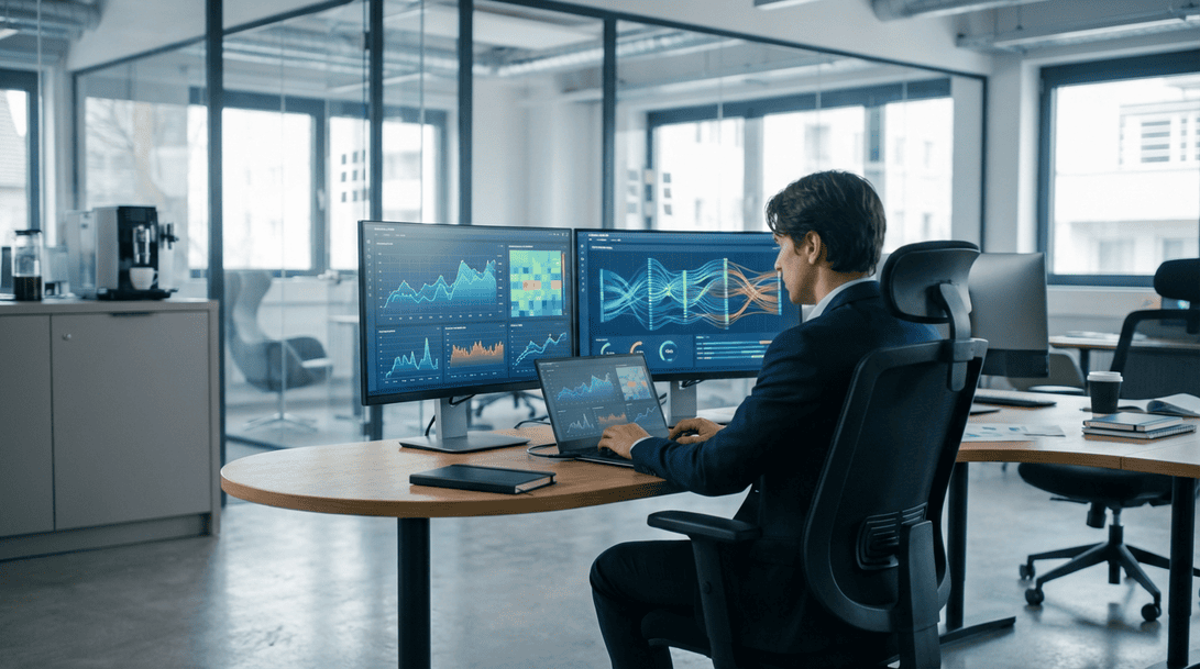 Biznesa analītiķis analizē finanšu un datu vizualizācijas uz vairākiem monitoriem.