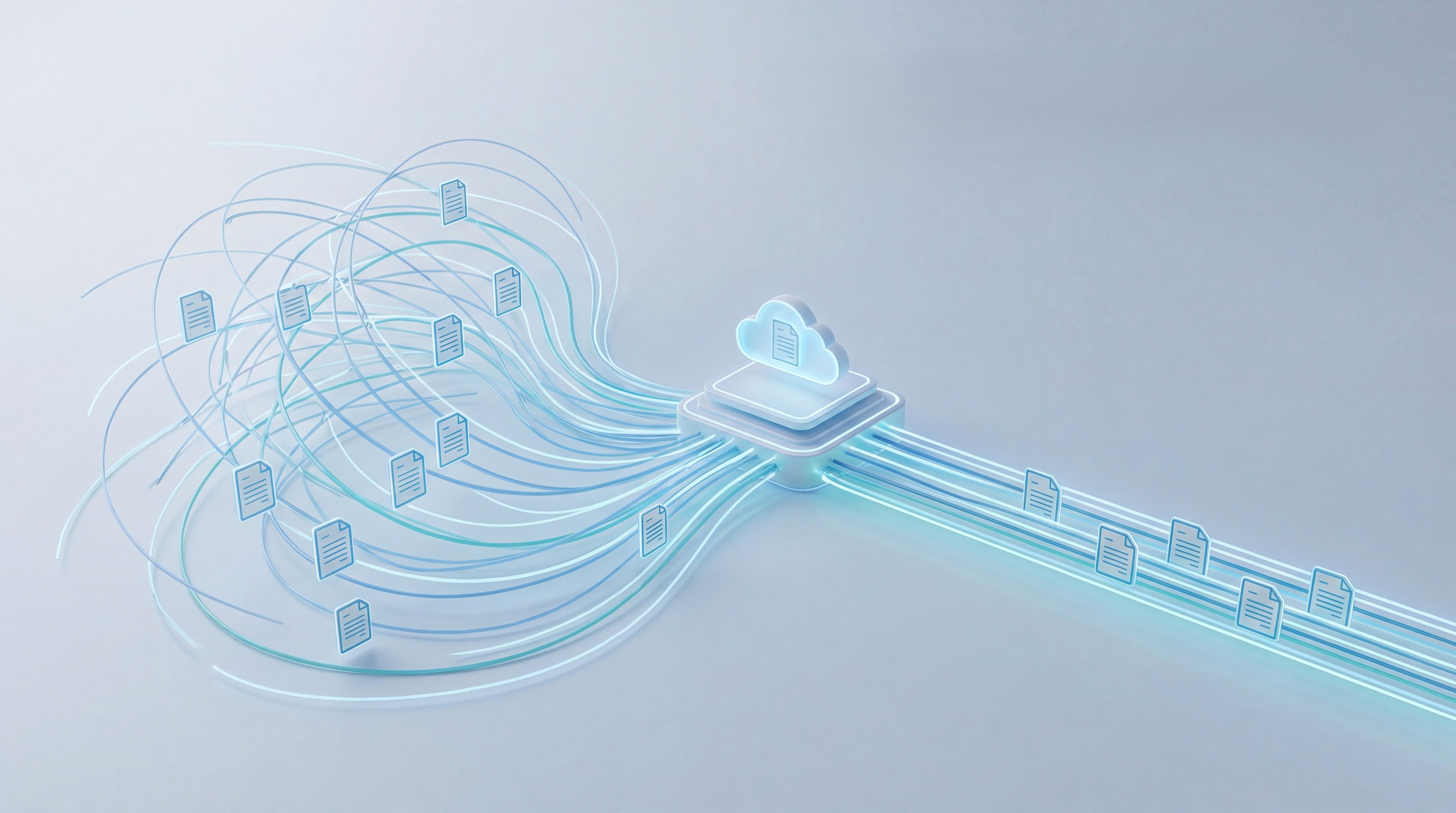 3D ilustrācija ar dokumentu plūsmu uz mākoņskaitļošanas mezglu, kurā dati tiek apstrādāti un sakārtoti.
