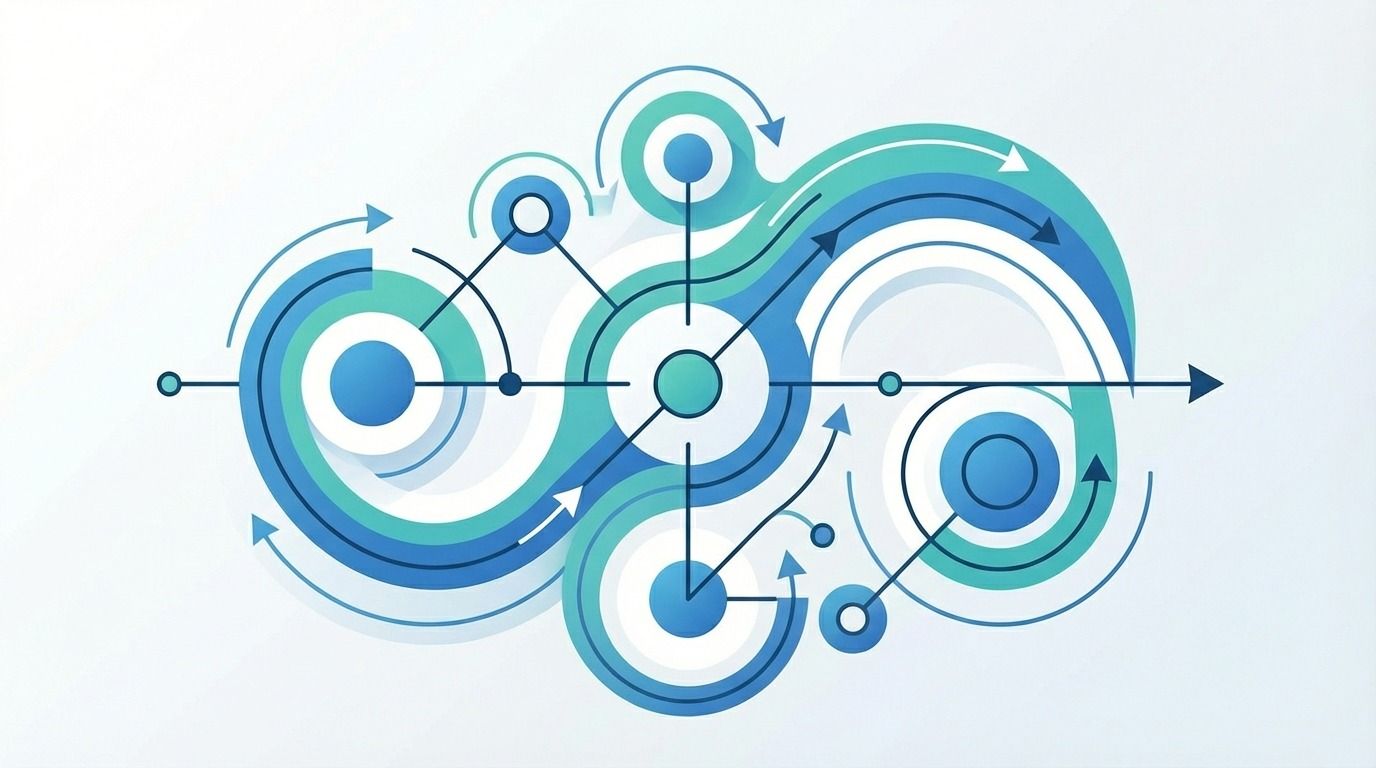 Zili zaļa abstrakta diagramma ar savienotiem apļiem, lokiem un bultām, kas simbolizē strukturētus un plūstošus datus vai procesu.