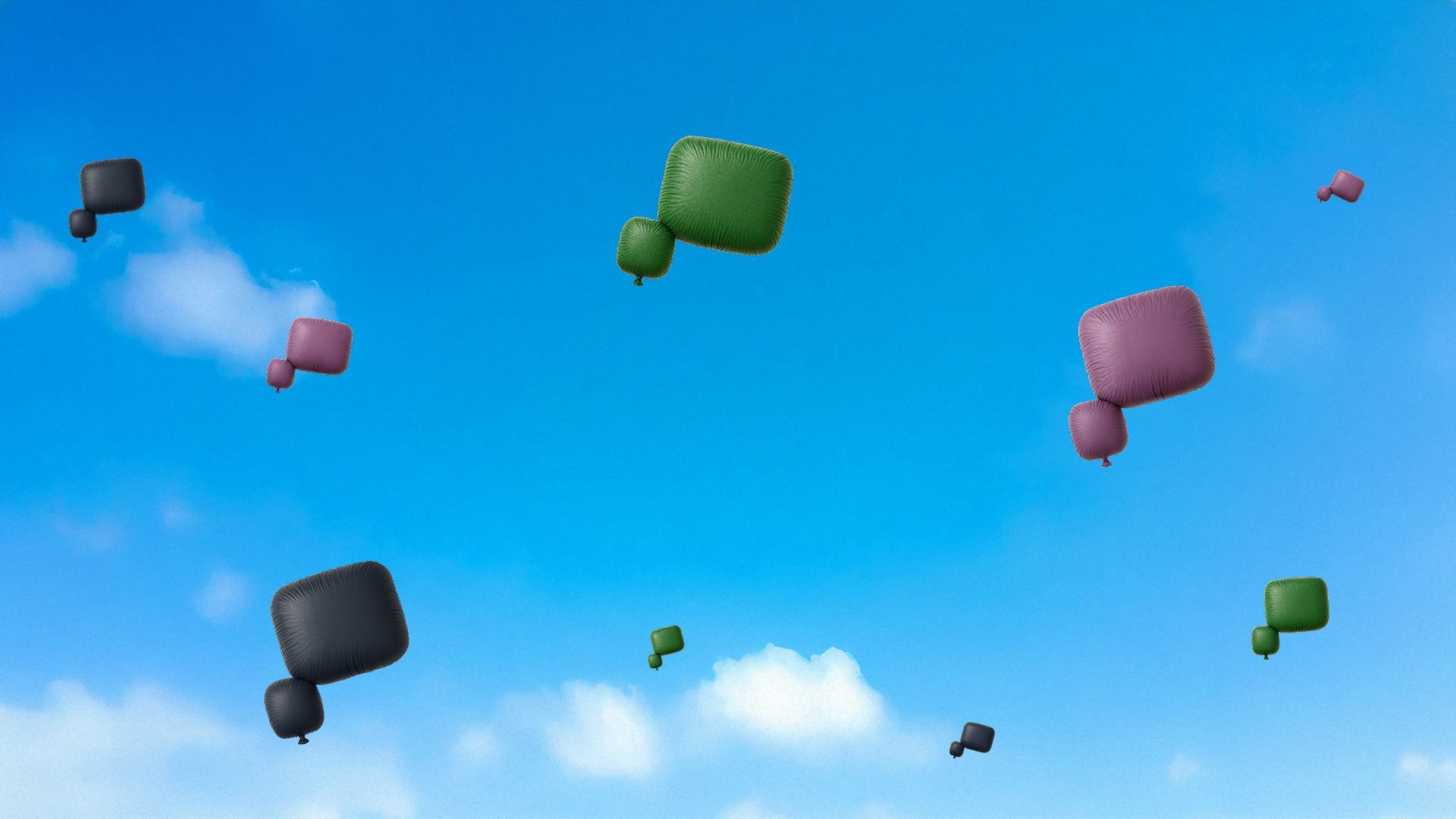 Krāsaini 3D Jumis produktu logo burbuļi debesīs ar gaišu zilu debess fonu.