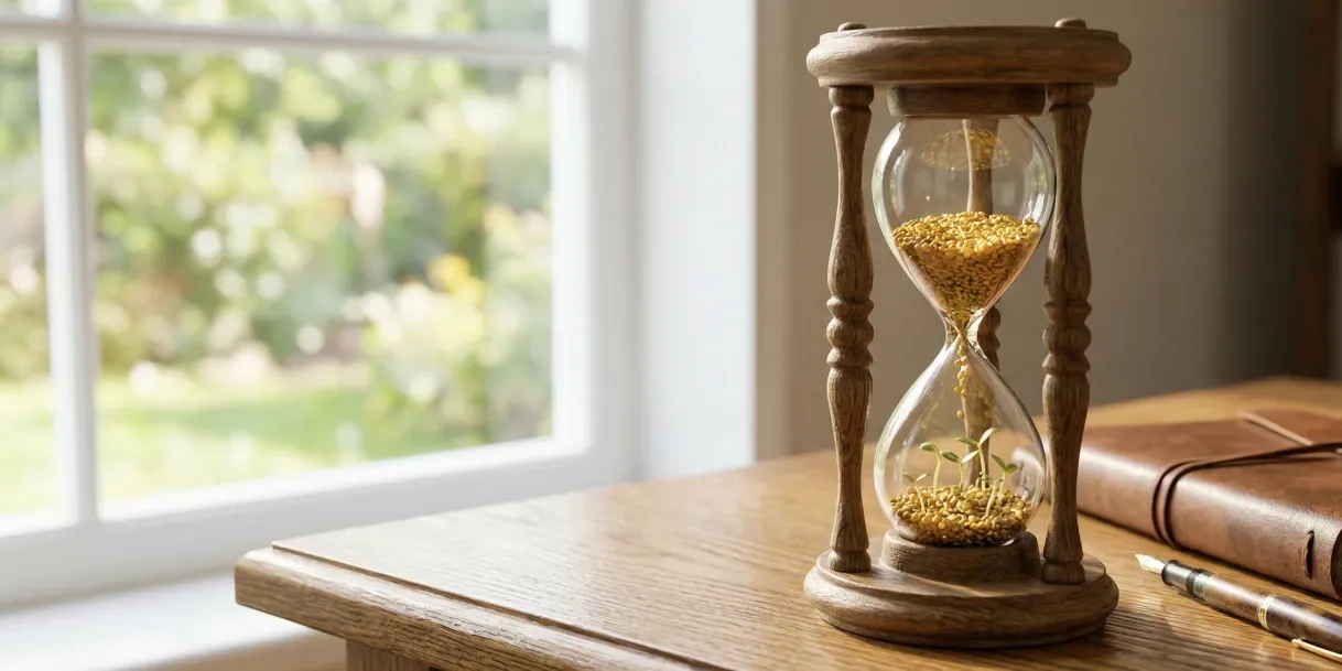 Smilšu pulkstenis priekšplānā ar skatu uz pagalmu fonā